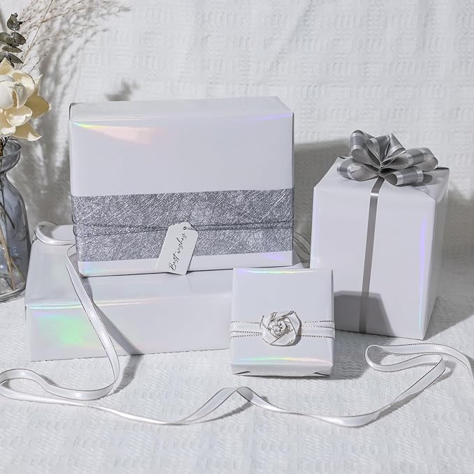 NESCCI White Metallic Wrapping Paper, Solid Color Paper,Gift Wrapping Paper,Perfect for Wedding,Valentine's Day,Birthday, Christmas,Baby Shower,DIY Bouquet (17.5 Inches X 32.8 Feet)