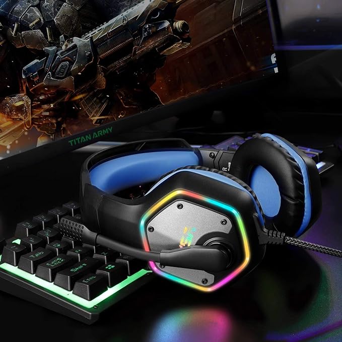 EKSA E1000 Gaming Headset, Computer Headphones with Noise Canceling Mic & RGB Light, 7.1 Surround Sound, Compatible with PC, PS4 PS5 Console, Laptop (Blue)