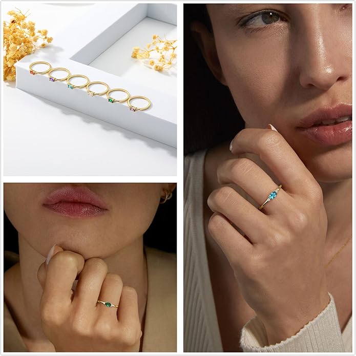 14k Gold Plated Birthstone Rings for Women Dainty Stackable Rings Non Tarnish Thumb CZ Emerald Green Gemstone Ring Cute Jewelry Birthday Valentine Gift for Mother Daughter Band Size 6-11