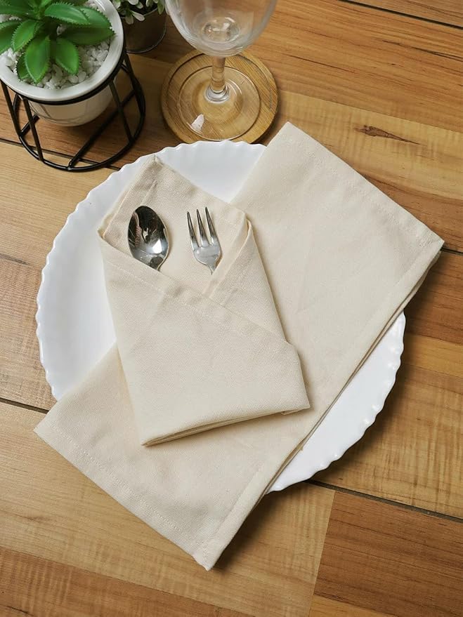 TARAN LIVING Solid Napkin Set Dinner Table Thick Cotton Washable Perfect for Dining Table Cloth Dinner Napkin Sets for Gifting Cotton Table Decor & DIY - Off White, Pack of 4 18x18 Inchs