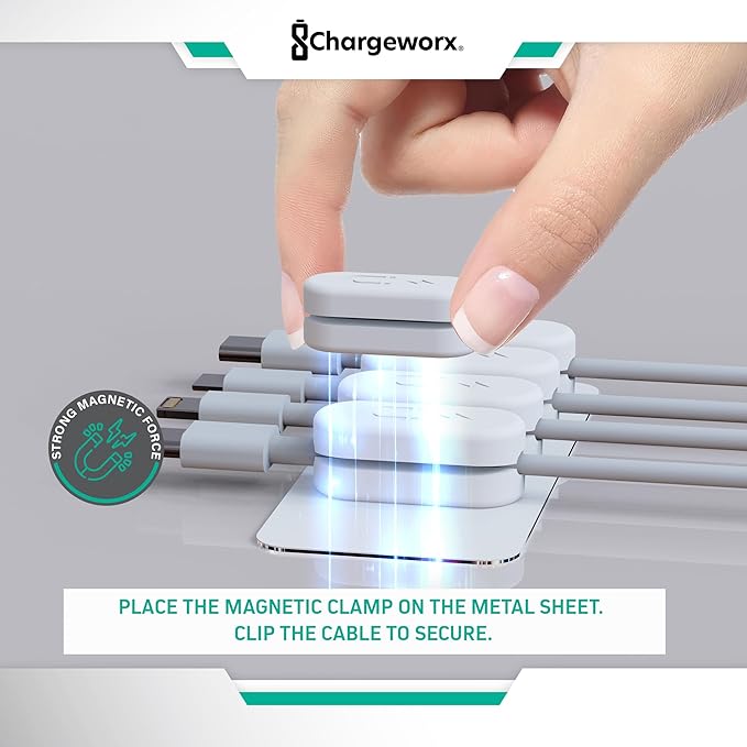 Magnetic Cable Clips [5-Pack] – Chargeworx Cord Organizer for Desk, Nightstand, Car, Wall – Strong Adhesive Wire Holder for USB-C, Lightning, Micro-USB – Tangle-Free, Snap-On, Easy Cable Management
