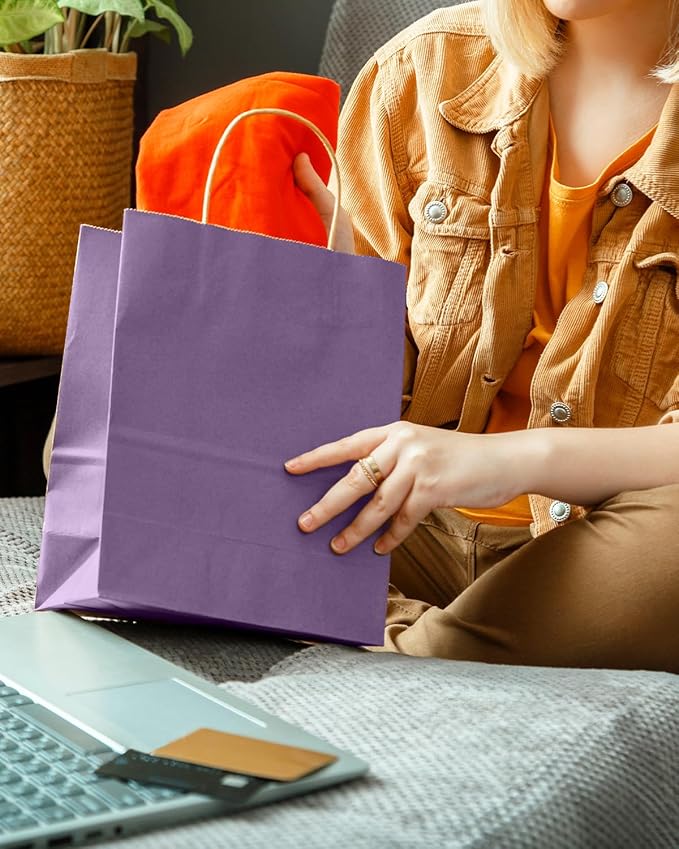 qiqee Grape Purple Gift Bag with Handles Bulk 24Pcs Paper Bags -10.6"x8.3"x4.3"Party Favor Bags - Solid Color