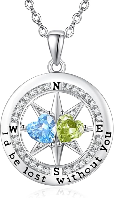 Compass Necklace for Women, Exquisite S925 Valentines Day Anniversary Birthday Gifts for Wife Her Double Birthstone Pendant Jewelry ‘I'd be Lost Without You’