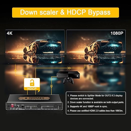 4K@60Hz HDMI 2.0 Splitter 2 in 2 Out with Audio Extractor Supports ARC,e-ARC,Soundbar,Downscale,HDCP Bypass,HDR,CEC,EDID,SPDIF,IR Remote,HDMI Swtich 2 in for soundbar