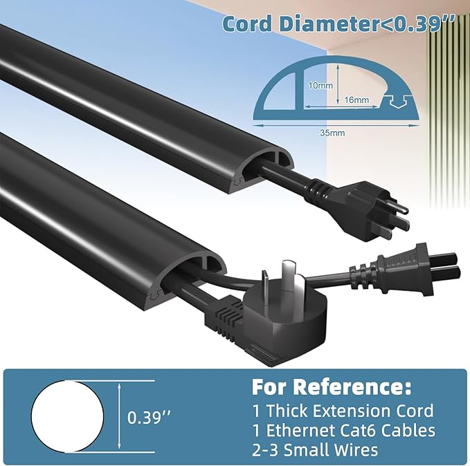 4ft Side Buckle Floor Cord Cover for Wires, Selfadhesive Extension Cord Hider Easy Floor Cable Management Prevent Cable Trips,Silicone Floor Wire Covers for Cords, Cable Protector Cord Cavity（Black）