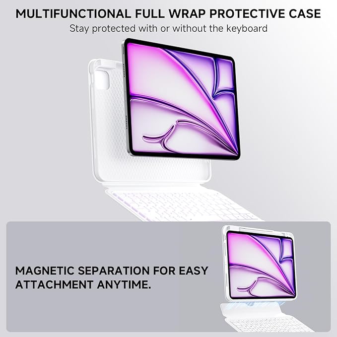 ONLY fit for 2024 M4 iPad Pro 11 inch Case with Keyboard Detachable Magic Keyboard Trackpad, 360 Rotating Cover with Pencil Holder Multi Angle Stand, 12 Shortcut Key, 7 Color Backlit, White