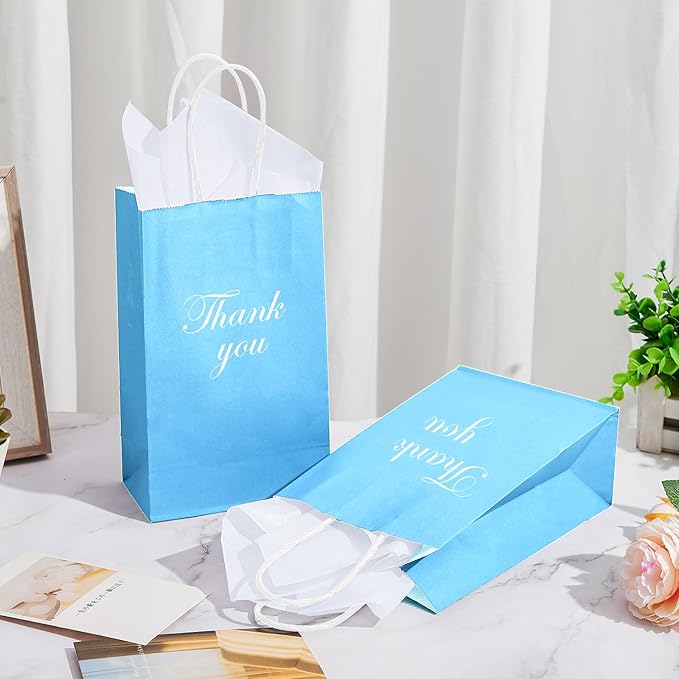 DjinnGlory 100 Pack Small Sized Blue Paper Bags with Handles Bulk for Merchandises, Christmas Gifts, Baby Blue Party Goodie Bags for Birthdays, Baby Showers, Weddings, 9x5.5x3.15 Inch