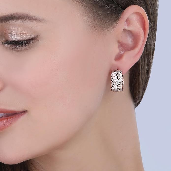 Rose Gold Hoop Earrings for Women, 925 Silver-Plated Thickened Hypoallergenic Earrings, CZ Black Gemstone-Inlaid Earrings - Women's Fashion Jewelry