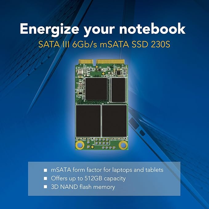 Transcend 256GB mSATA SSD with Dram Cache, Up to 530MB/s, Mini SATA III 6G/s Internal Solid State Drive for Ultrabook, Desktop, Tablet, PC, GPS, Server, 3D TLC NAND Flash, LDPC Error Correction, ECC