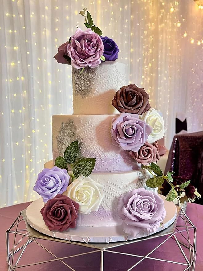 Roses Artificial Flowers Purple Fake Flower with Stems Bulk for DIY Wedding Bouquets Bridal Baby Shower Centerpiece Table Decorations Silk Faux Floral Arrangements for Party Home Decor Indoor