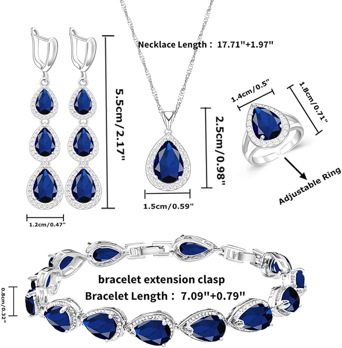 LMXXVJ Necklace Long Earrings Bracelet Set, White Gold Plated Created Blue Sapphire Jewelry Set Wedding Party Gift Jewelry for Women Bridal Bridesmaid