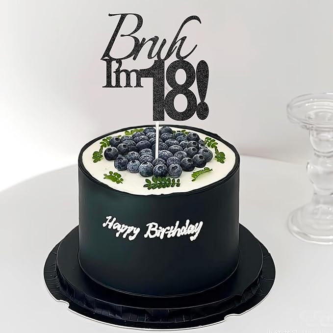 Bruh I'm 18 Cake Topper - Black Glitter Happy 18th Birthday Decorations for Boys Teens, Funny 18 Year Old Party Supplies, Bro I'm 18 Cake Decor (Bruh I'm 18！, 18th black)