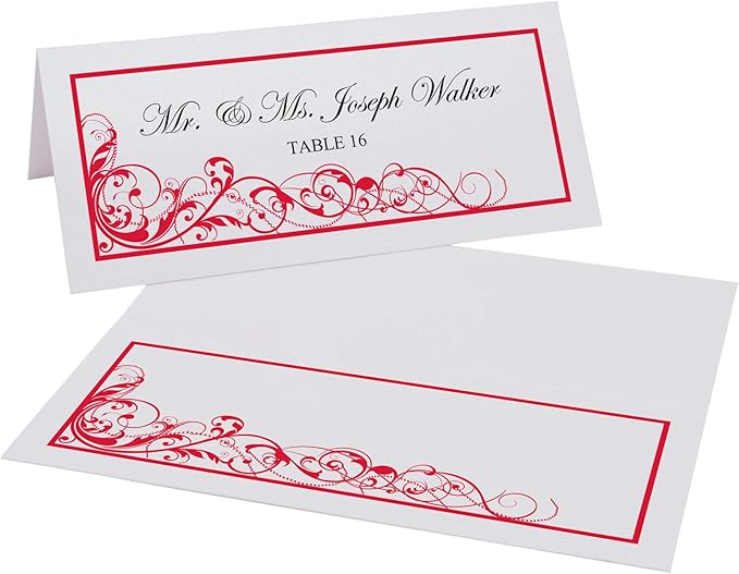 Scribble Vintage Swirl Printable Place Cards, Ruby Red (Choose Color), Set of 150 (25 Sheets), Laser & Inkjet Printers - Wedding, Party, Dinner, and Special Events