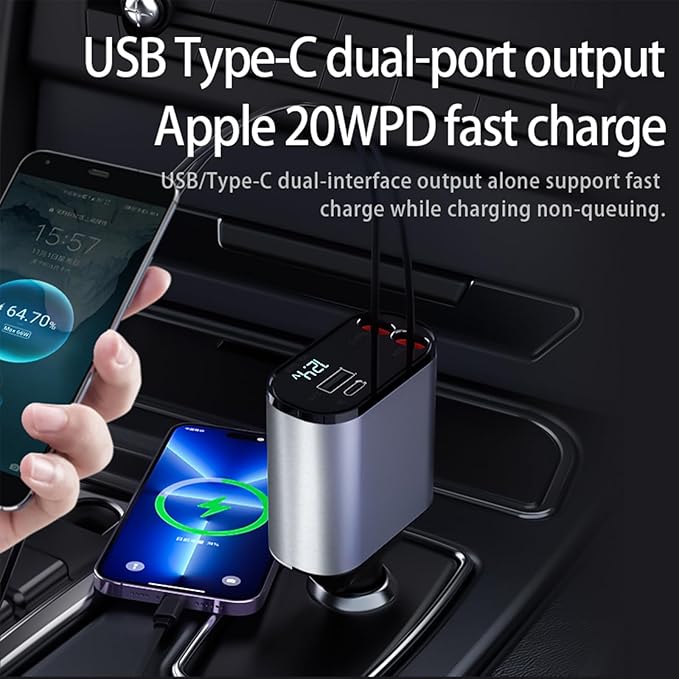 Retractable Car Charger，4 in1 Fast Car Phone Charger with Dual Retractable Cables and 2 Charging Ports (Dual TypeC Retractable Cords)