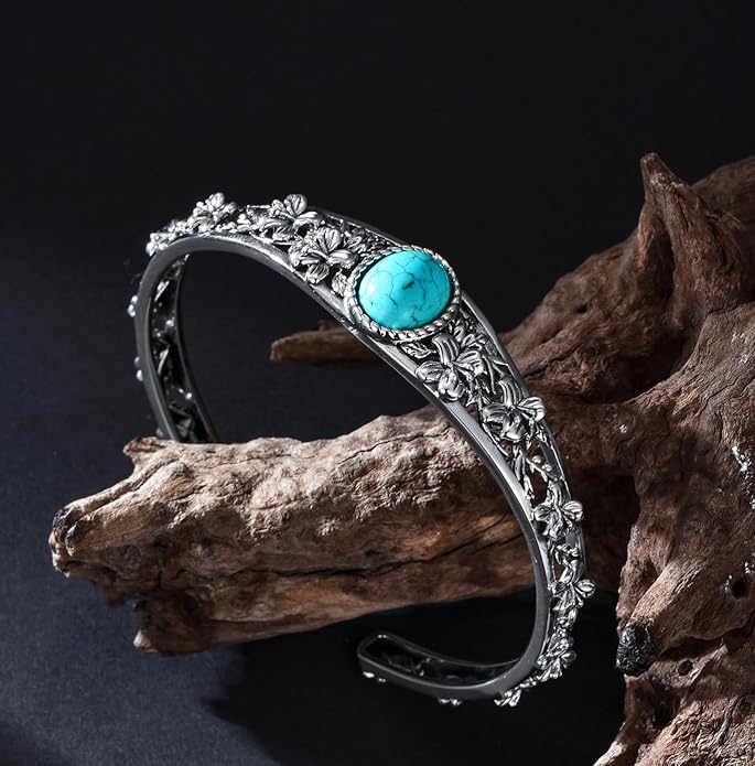 Genuine Turquoise Cuff Bracelet for Women, Sterling Silver Western Vintage Floral Bangle Native American Jewelry, For 6.5-7.5 Inch Wrists