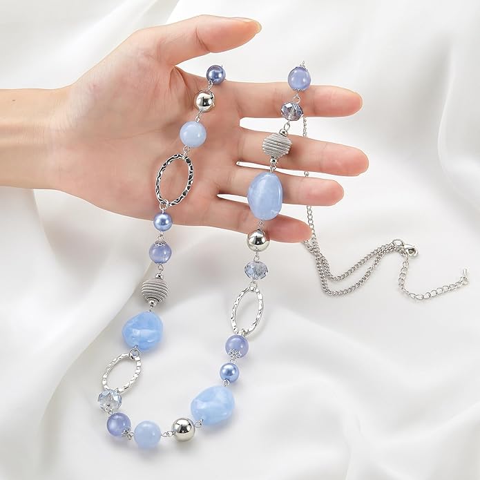 BULINLIN Beaded Long Necklace for Women Silver Sweater Chain Necklace with Crystal Resin Beads, Fashion Jewelry Necklace
