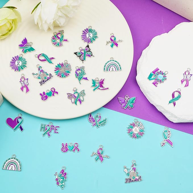 MARFOREVER 40 Pcs/20 Pairs Suicide Awareness Charms, Suicide Prevention Charms Teal Purple Ribbon Pendant for Bracelet Necklace Earrings Making Accessories