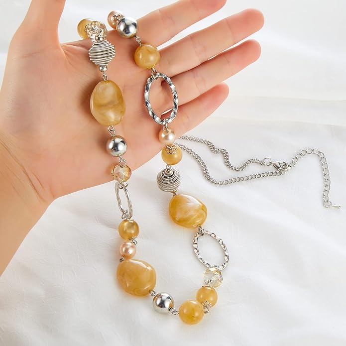 BULINLIN Beaded Long Necklace for Women Silver Sweater Chain Necklace with Crystal Resin Beads, Fashion Jewelry Necklace