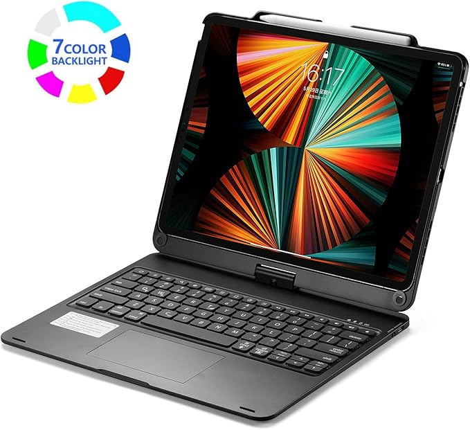 360° Rotatable Keyboard Case for iPad Air 13 inch (M3/M2-2025/2024)/Pro 12.9 (6th, 5th, 4th, 3rd Gen) with TouchPad, Backlits Aluminum Alloy Smart Case with trackpad Keyboard, Black
