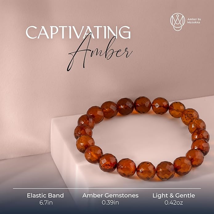 Natural Baltic Amber Bracelet for Women and Men – Stretch Wristband with Faceted Beads, Lightweight Unisex Jewelry Gift for Daily and Casual Wear