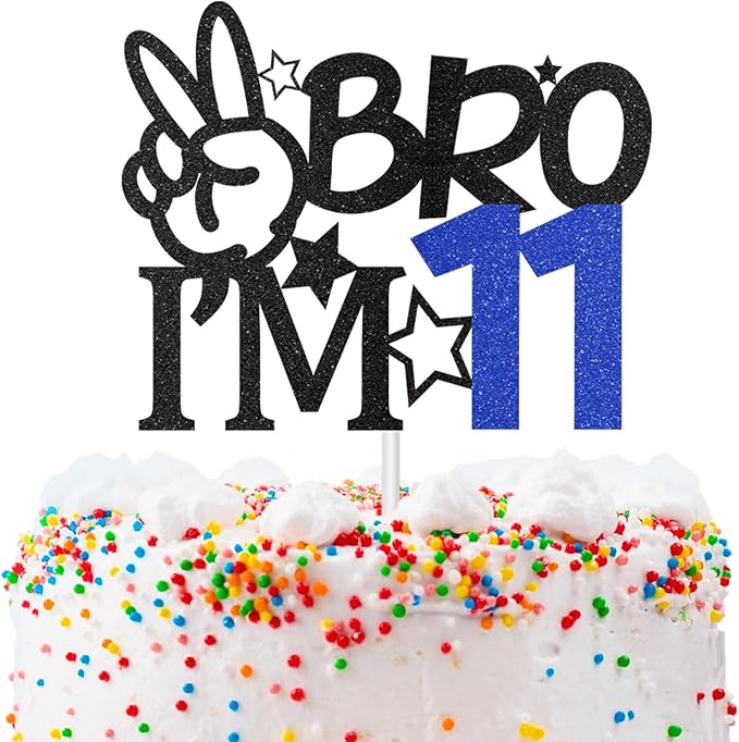 Bro I'm 11 Cake Topper, 11th Birthday Decorations for Boy, Glitter Funny 11th Birthday Cake Topper, Big Brother 11 Year Old Birthday Party Decoration Supplies