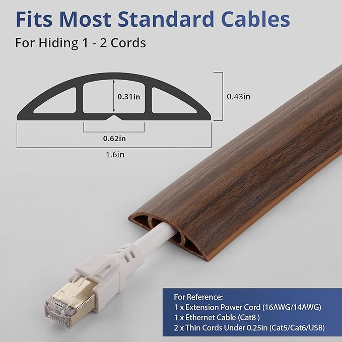 ZhiYo 3.6ft Cord Covers for Wires on Floor, Cord Hider Floor Hide Extension Cords, Soft PVC Cable Cover Cable Protector, Wire Cavity W0.62in H0.31in, Smoked Brown Wood