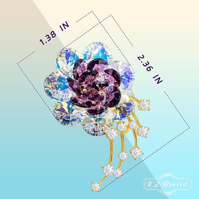 Brooches For Women,14k Gold Plated Copper,Crystal Roselle Cubic Zirconia Brooch Pins For Women ，Crystal Broach,Flower Broach