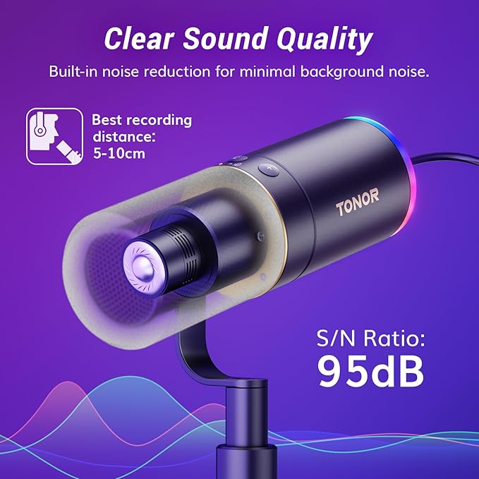 TONOR Dynamic Microphone, XLR/USB Microphone for Gaming, Streaming, XLR Cardioid Studio Mic with Quick Mute, Headphone Jack, Volume Control, Mic with RGB Lighting and Low Profile Boom Arm, TD520s+