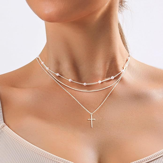 Zeffy Gold Pearl Necklace for Women, Dainty 14K Gold/Silve Plated Layered Pearl Choker Pearl Earrings Pearl Bracelets Wedding Trendy Gold Jewelry Set for Women Gifts