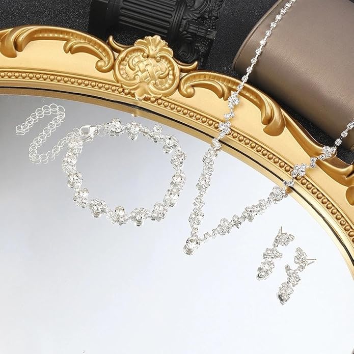 Bling Silver Jewelry Set for Women Trendy Wedding Jewelry Sets for Brides Sparkly Cubic Zirconia Necklace Earring Sets for Women Prom Accessories
