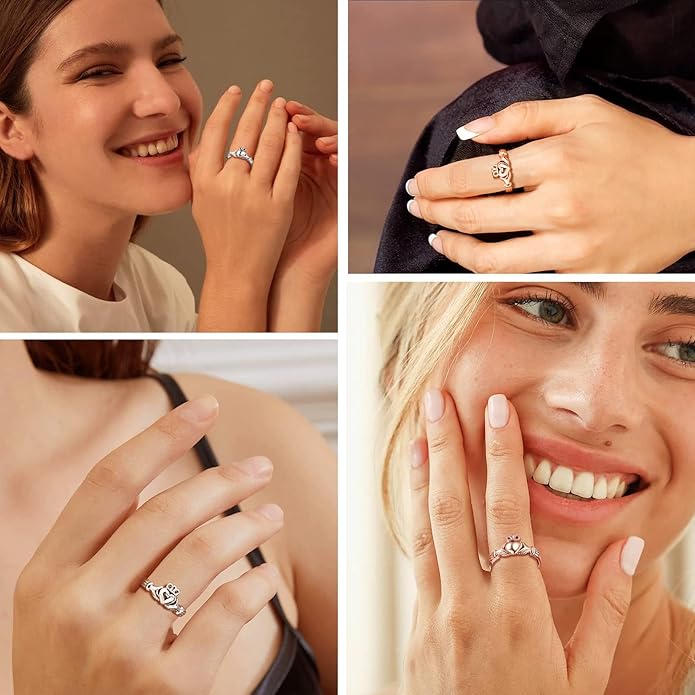 PROSILVER 925 Sterling Silver Claddagh Ring/Celtic Knot Ring for Women, Irish Wedding Band, Rose Gold Plated/Gold Plated, Size 4-12, Come with Box