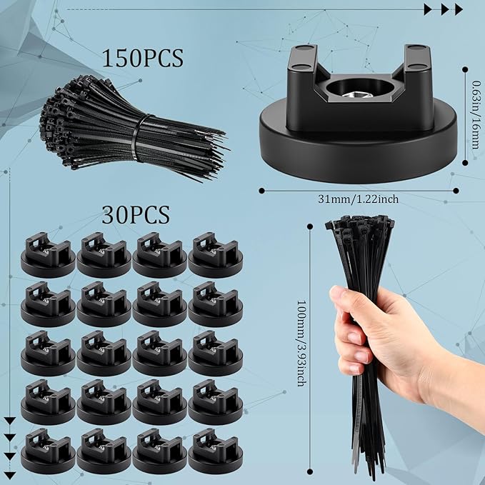 Yookeer 180 Pieces Magnetic Zip Tie Mount Multipurpose Cable Holder Magnets Magnetic Wire Management Bases with Heavy Duty Zip, Mount Nylon Cable Ties in Total (31mm)