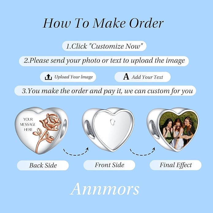 Annmors Personalized Photo Charm for Bracelet Necklaces,925 Sterling Silver Charm Love Heart Shaped Engraved Customize Picture Gift for Birthday Mother's Day Christmas,Bead Charms Jewelry for Women
