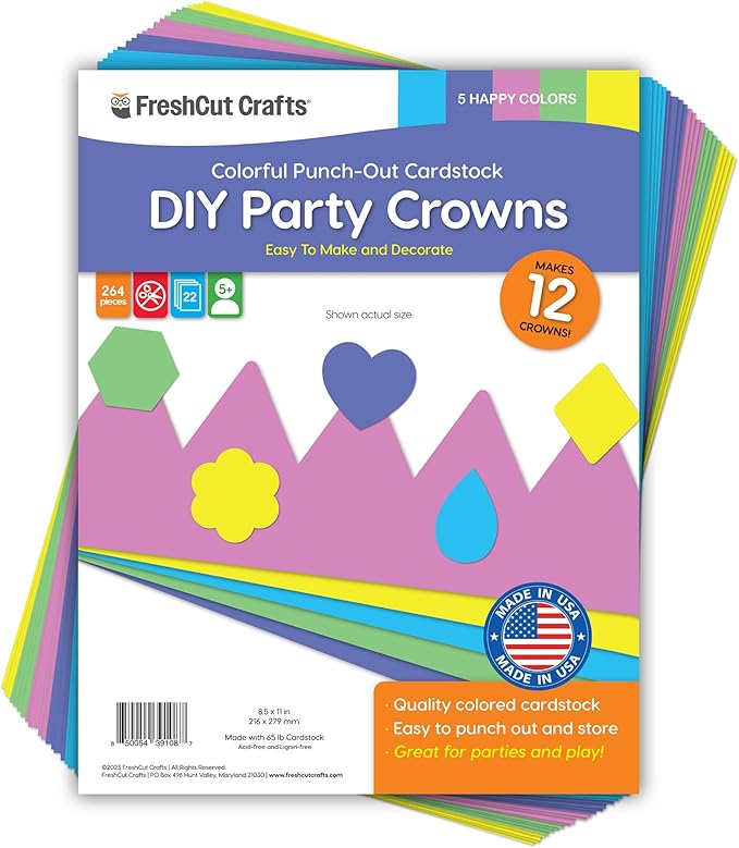 264pcs DIY Party Crown Kit – Makes 12 Princess King Children's Party Crowns, US Made HAPPY Colored Card Stock Easy Punch Out Craft for Royal Themed Birthday Party, Play Dates, Children's Theater Plays