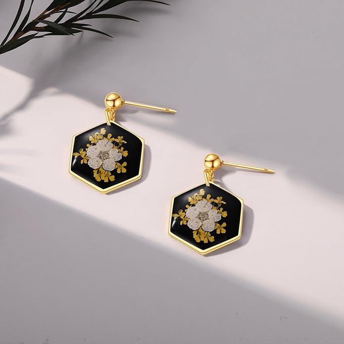Forget-Me-Not and Queen Anne's Lace Pressed Wildflower Earrings | Pressed Flower Earrings | Handmade Drop and Dangle Earrings | Gift for Woman