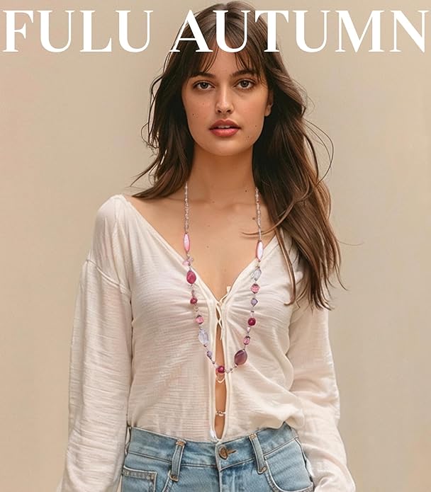 FULU AUTUMN Long Necklaces for Women Trendy Long Chunky Beaded Necklace Boho Fashion Costume Jewelry Mothers Day Gifts for Her