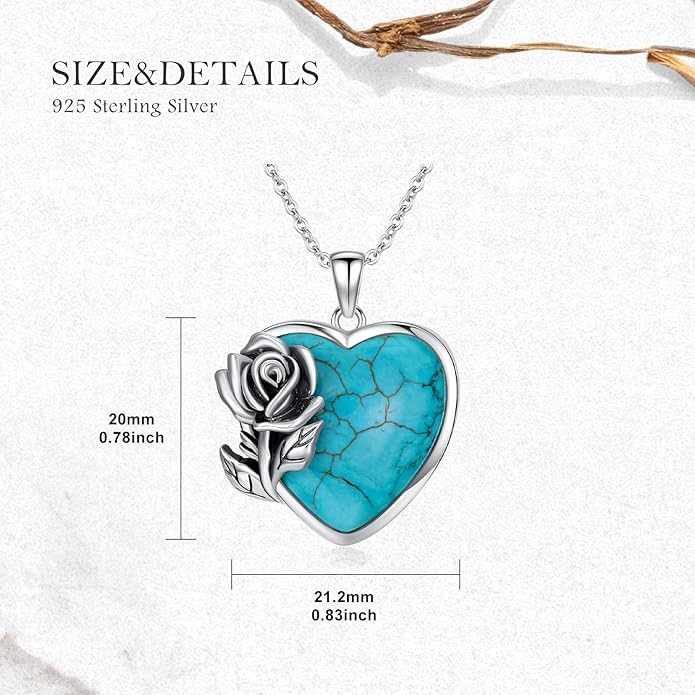 Genuine Turquoise Rose Necklace 925 Sterling Silver Heart Turquoise Pendant Vintage Southwestern Jewelry for Women