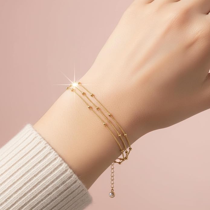 Solza 3 Layer Chain Bracelet for Women – Stainless Steel Adjustable Layered Bracelet, Minimalist Charm Jewelry, Non-Tarnish Plated, Stackable Design
