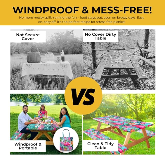 RNOONY 6ft Polyester Picnic Table Cover with Bench Covers Windproof & Waterproof Tablecloth, Perfect for Camping Gifts & RV Essentials, Cool Camping Gadgets, with Carrying Bag, 72x30 Inches, 4Pcs