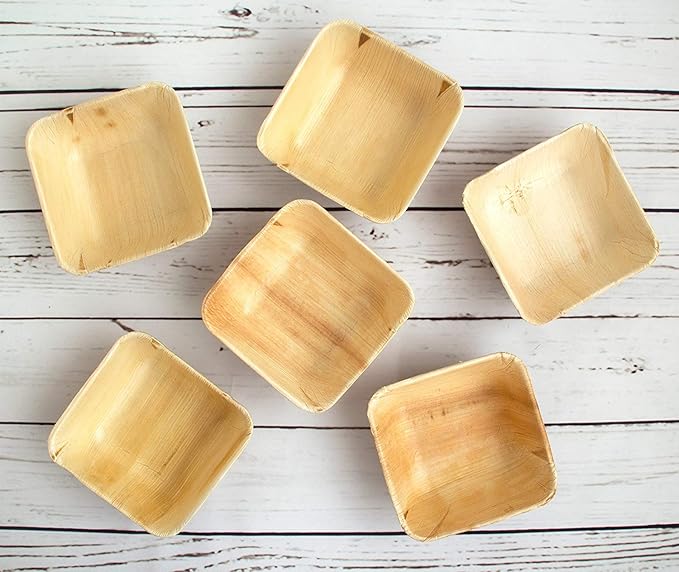 Charity Leaf Disposable Palm Leaf 4" Square Bowl (50 pcs) Dipping Bowls | Bamboo Like| All Natural and Biodegradable | Charcuterie Boards, BBQs, and Parties