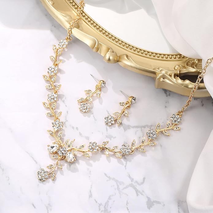 BriLove Women's Wedding Jewelry Leaf Cluster Flower Crystal Dangle Earrings Pendant Necklace Set for Bridal