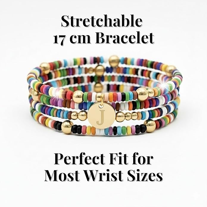 Set of 4 Colorful Bead Initial Bracelets, Personalized Stackable Jewelry, Adjustable Stretchy Charm Bracelets for Women, Beaded Bracelet Set, Trendy Custom Jewelry Gift