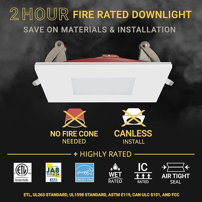 NUWATT 12 Pack 2 Hour Fire Rated 3 Inch Square LED Recessed Lighting, 27K/30K/35K/40K/50K Selectable, 550LM Dimmable, IC Rated, Wet Rated, 3" LED Wafer Lights, No Fire Rated Light Covers Needed