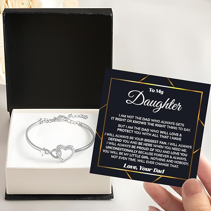 Daughter Infinity Heart Bracelet, Daughter Jewelry Gift From Mom or Dad with Message Card and Box Meaning