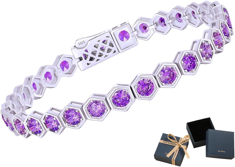 Birthstone Tennis Bracelets for Women Birthday Gifts 925 Sterling Silver Hexagon White Gold Bracelets Round Cut 5A Cubic Zirconia Prong Setting 7 Inch Anniversary Jewelry Gift