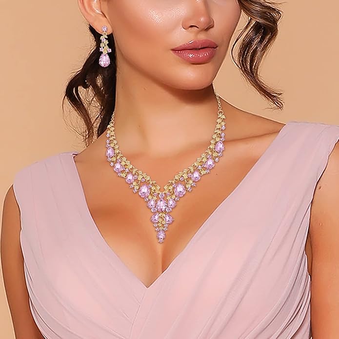 BriLove Women's Wedding Bridal Austrian Crystal Teardrop Flower Cluster Statement Necklace Dangle Earrings Jewelry Set for Party Prom