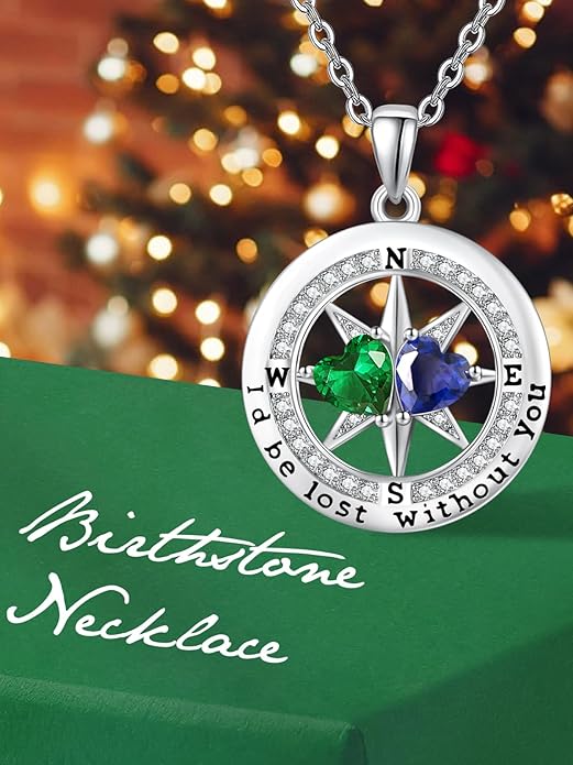Compass Necklace for Women, Exquisite S925 Valentines Day Anniversary Birthday Gifts for Wife Her Double Birthstone Pendant Jewelry ‘I'd be Lost Without You’