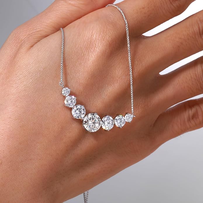TUHE 7 Stones Moissanite Necklace for Women, 1.7-5.0 Carat Smile Moissanite Pendant Necklace 18k Gold Plated Sterling Silver 16.5+2.5 inch Box Chain Tennis Necklaces with Certificate of Authenticity