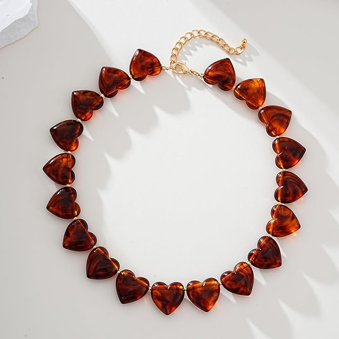 Large Acrylic Heart Necklaces for Women Chunky Puffy Heart Pendant Necklace Exaggerated Statement Love Beaded Choker Necklace Jewelry