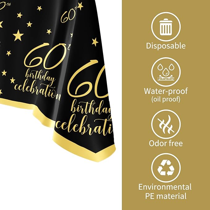 Gatherfun 60th Birthday Disposable Tablecloth 4 Pack Gold and Black Waterproof Plastic Table Cover for Men Woman 60 Birthday Party Decorations